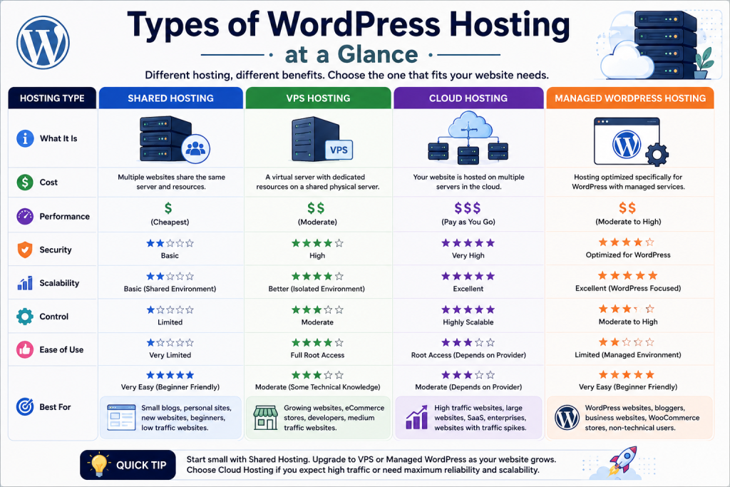 Types of WordPress Hosting Explained (Shared, VPS, Cloud & Managed)